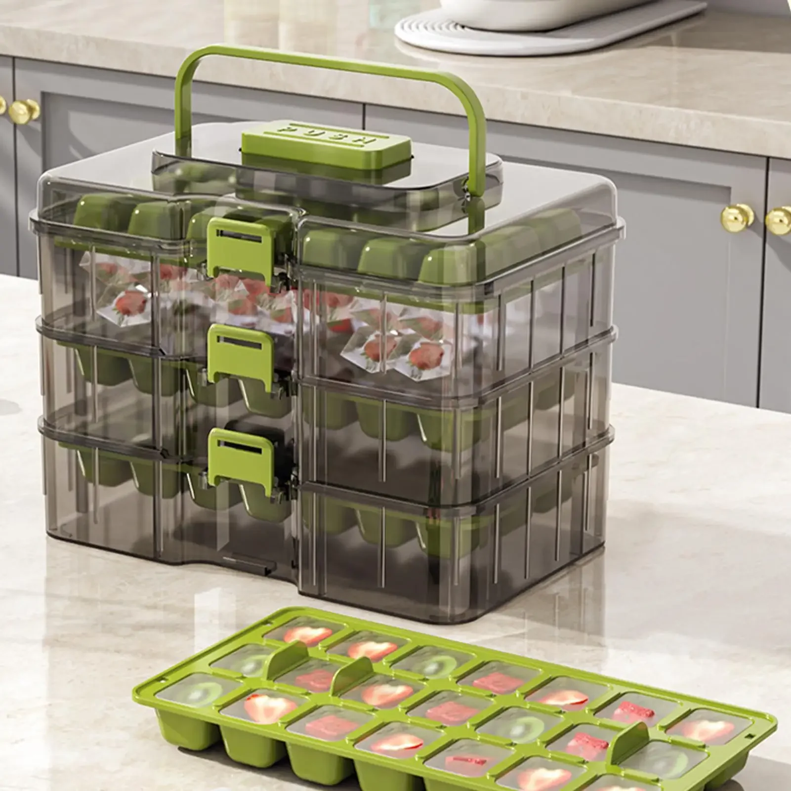 Ice Cube Tray with Lid and Bin 63-Hole Cold Drink Making Easy Release Ice Maker for Drinkers Entertainers Homeowners Bartenders
