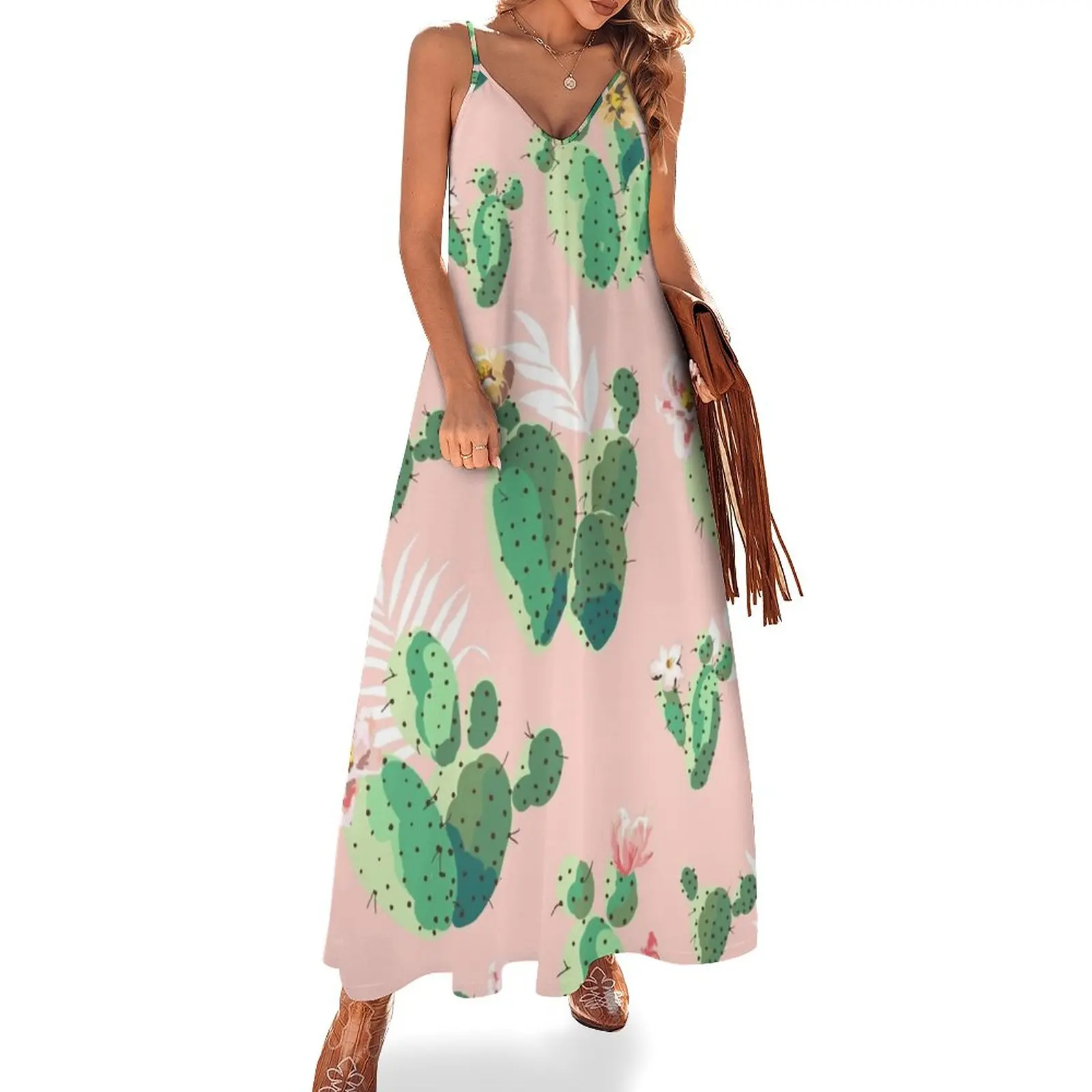 Vestido sin mangas con estampado de Cactus para mujer, vestido de verano de estilo coreano, Morado, 2024