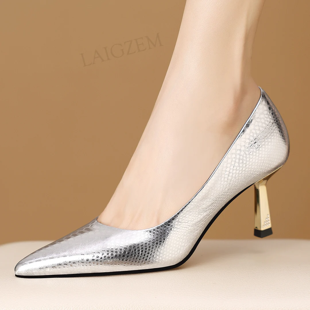 

LAIGZEM Women Pumps Real Leather Pointy Toe 6.5CM Thin High Heels Dress Party Prom Basic Shoes Woman Large Size 33 39 41 43