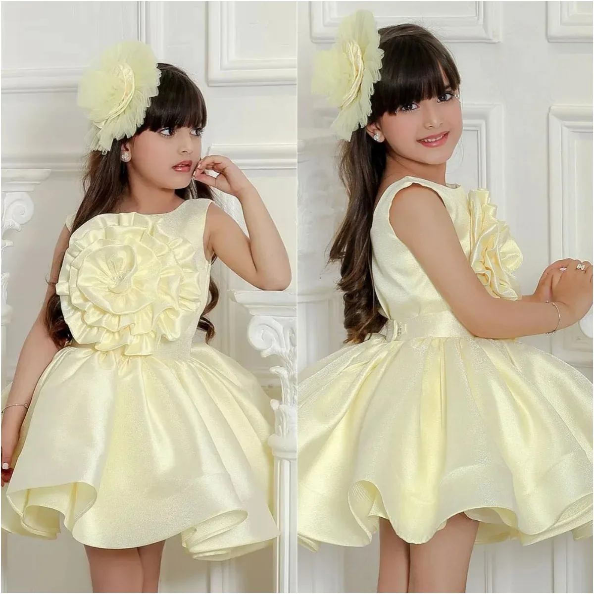 Vestido de menina flor amarelo claro para casamento 3d floral na altura do joelho bebê crianças roupa formal para sessão de fotos vestidos de primeira comunhão
