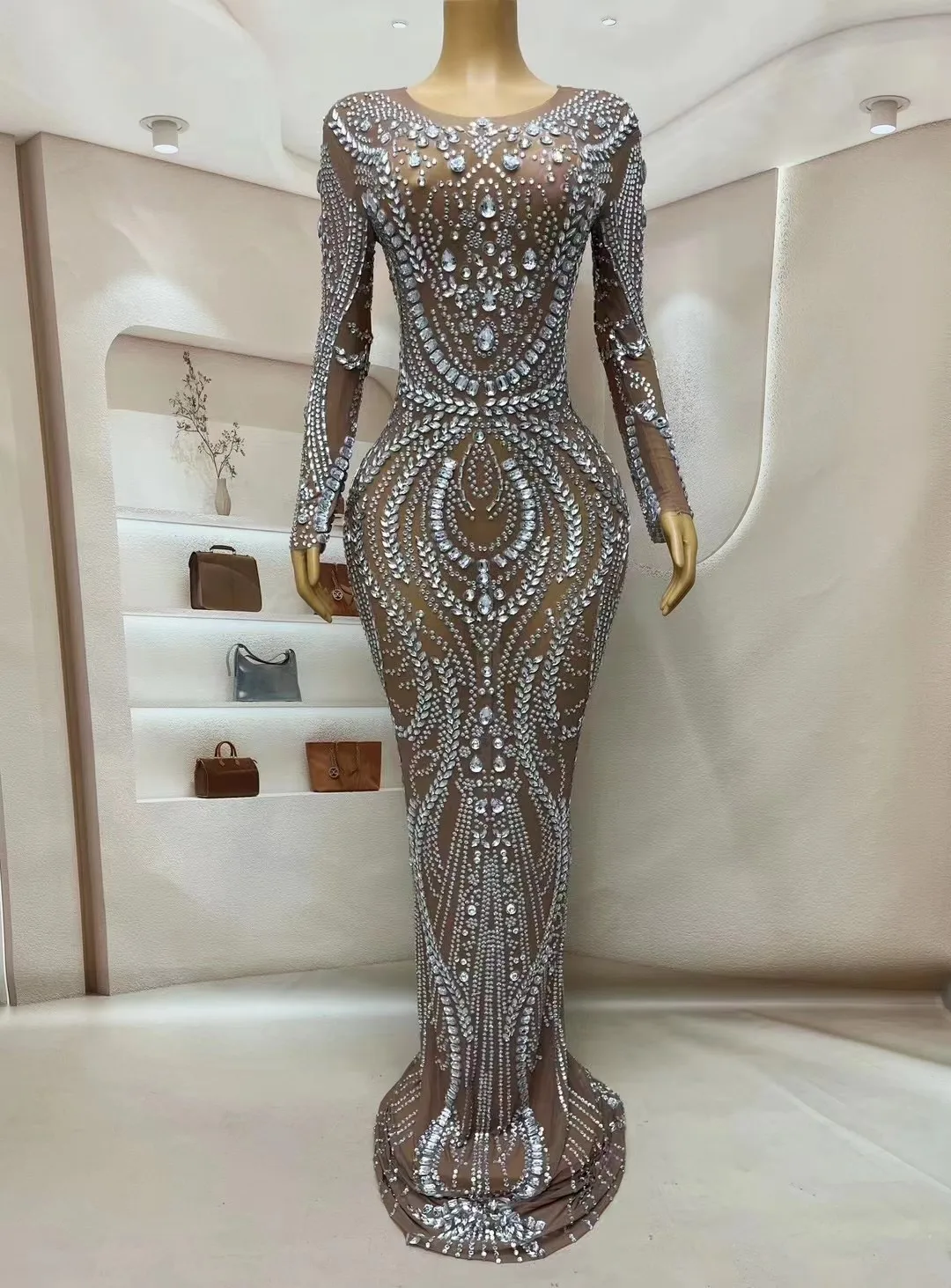

Fashionable And Sexy Womens Jumpsuit Mesh Crystal Rhinestone Evening Celebration Stage Wearing Tight Fitting Performance Costume