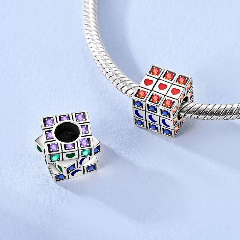 925 Sterling Silver Rotating Rubik's Cube Charms Bead Colorful CZ Zircon Dangle Fit Original Bracelet DIY Women Jewelry Gift