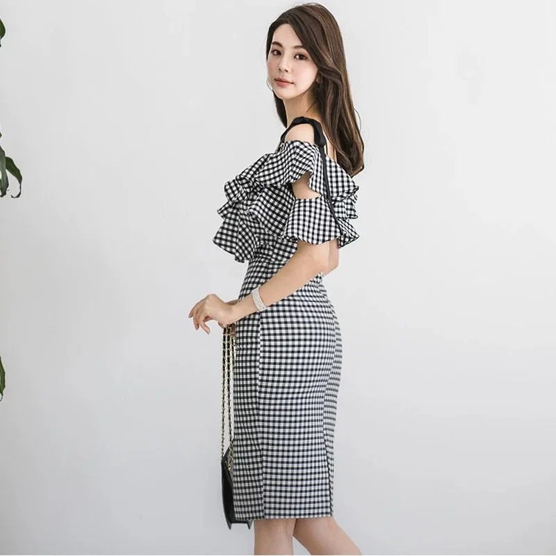 Women Plaid Flounce Neck Dress Off Shoulder Business OL Lady Office Dress Elegant Sexi Party Dinner Date Banquets Koren Dresses