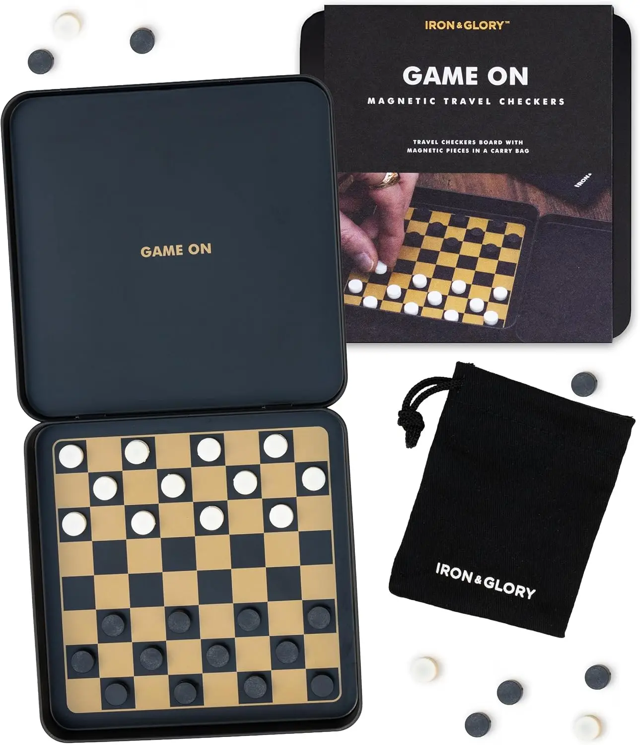 

Iron & Glory Magnetic Travel Checkers Set, Portable Board Game with Tin Case & Carry Pouch