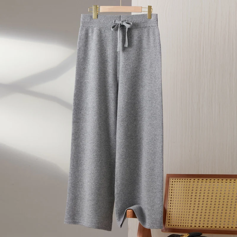 Spring Autumn New Women\'s 100% Merino Wool Knitted Long Pants Slim Fit High Waist Wide Leg Pants Solid Color Loose Pants