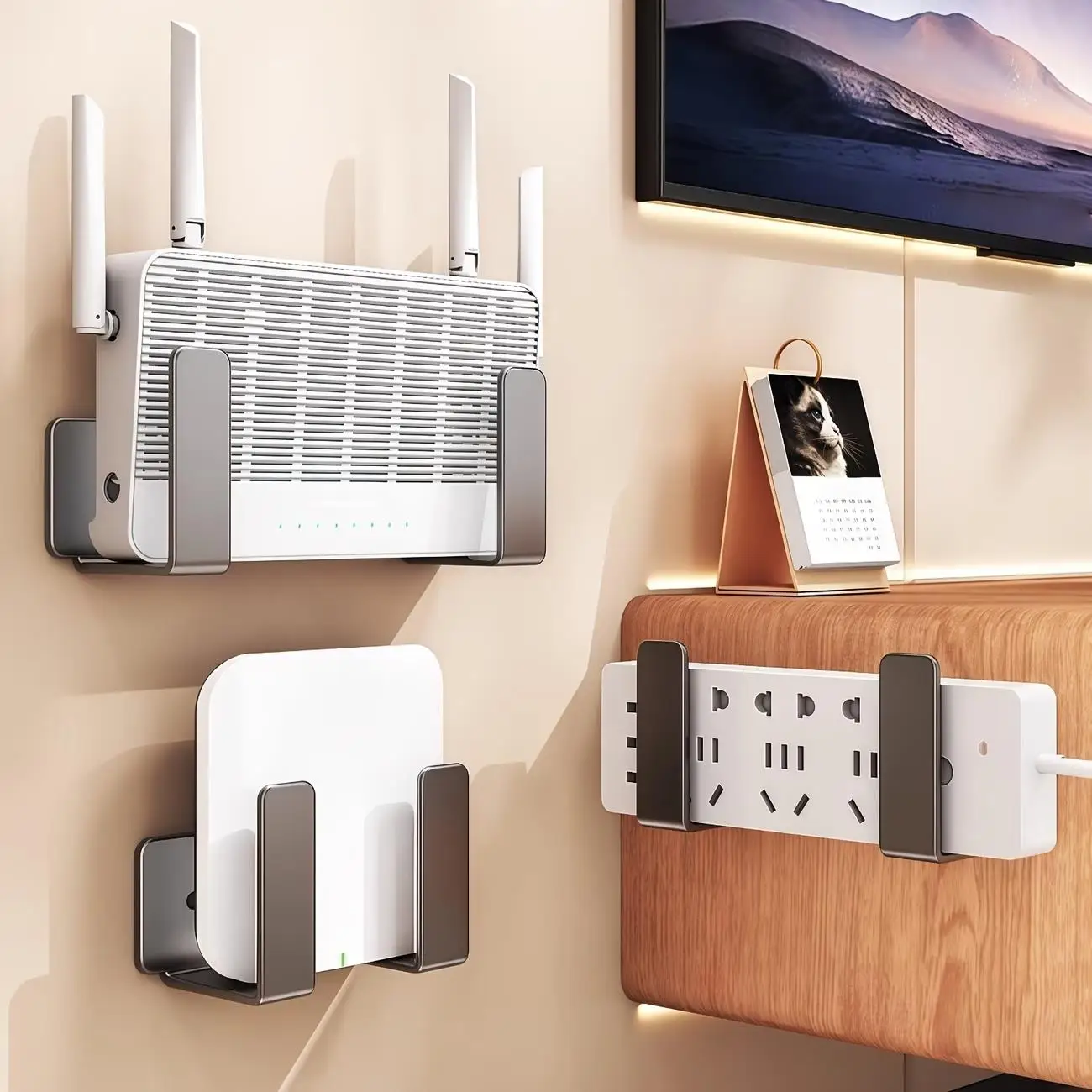 2/4PCS  No-Drill Wall-Mounted Router/Media Holder – for Apple TV, Roku, Gaming Consoles, Metal, Cable Management
