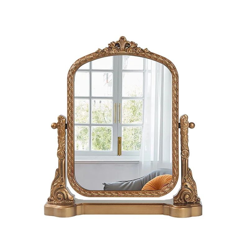 

Desktop decorative mirror gold engraved adjustable angle vanity mirror