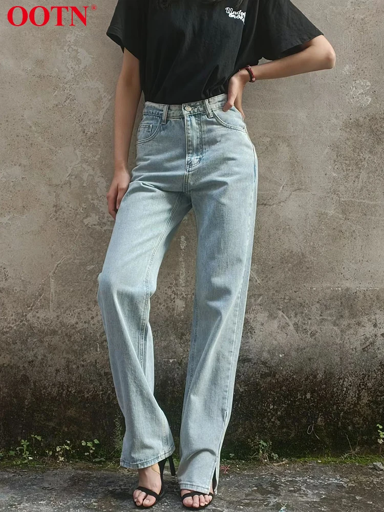 OOTN Slit High Waisted Women's Jeans Pants Zipper Solid Loose Casual Wide Leg Denim Pants Straight Elegant Pants Streetwear