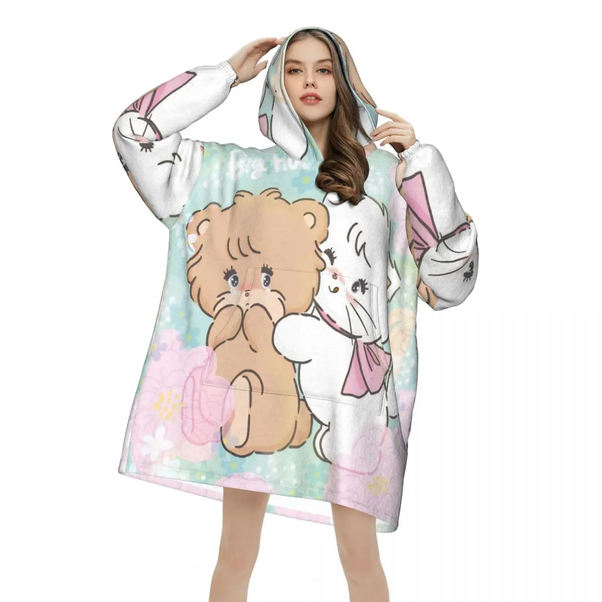 Pink Cartoon Mikko Mousse Blanket Hoodie Wearable Blanket Large with Pocket Warm Sleeping Bag Soft Cozy Onesie