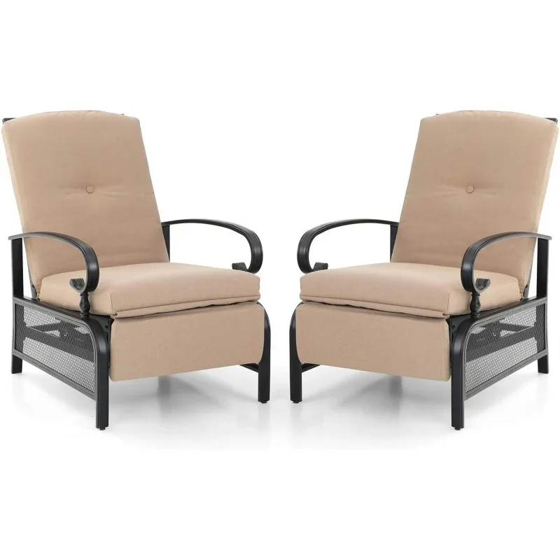 Outdoor Recliner Chairs Set of 2 Adjustable Patio Reclining Lounge Chair with Removable Cushion Support 300lbs, Beige