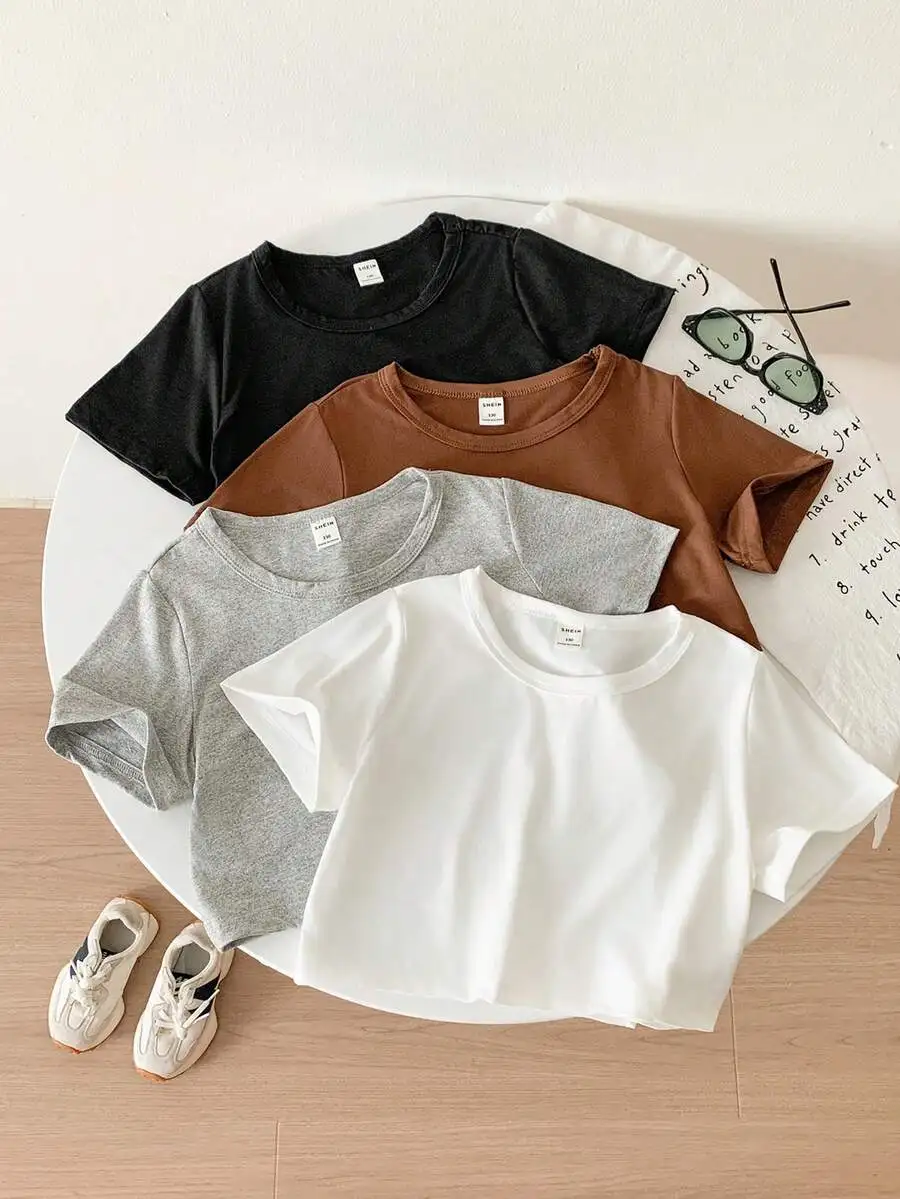 

4-Pack Solid Crop T-Shirts for Girls, Soft Cotton, Casual Wear