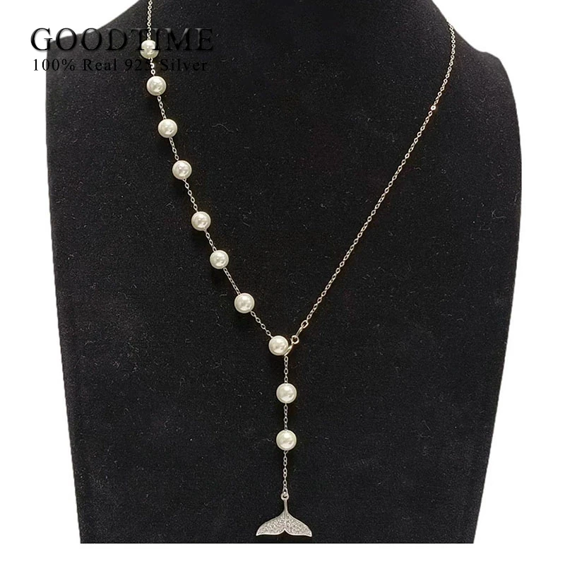 

Роскошная цепочка для свитера для женщин, 100% стерлинговое серебро 925 пробы, жемчужная бусина, ожерелье с хвостом красоты, ювелирные изделия, подарок на день Святого Валентина