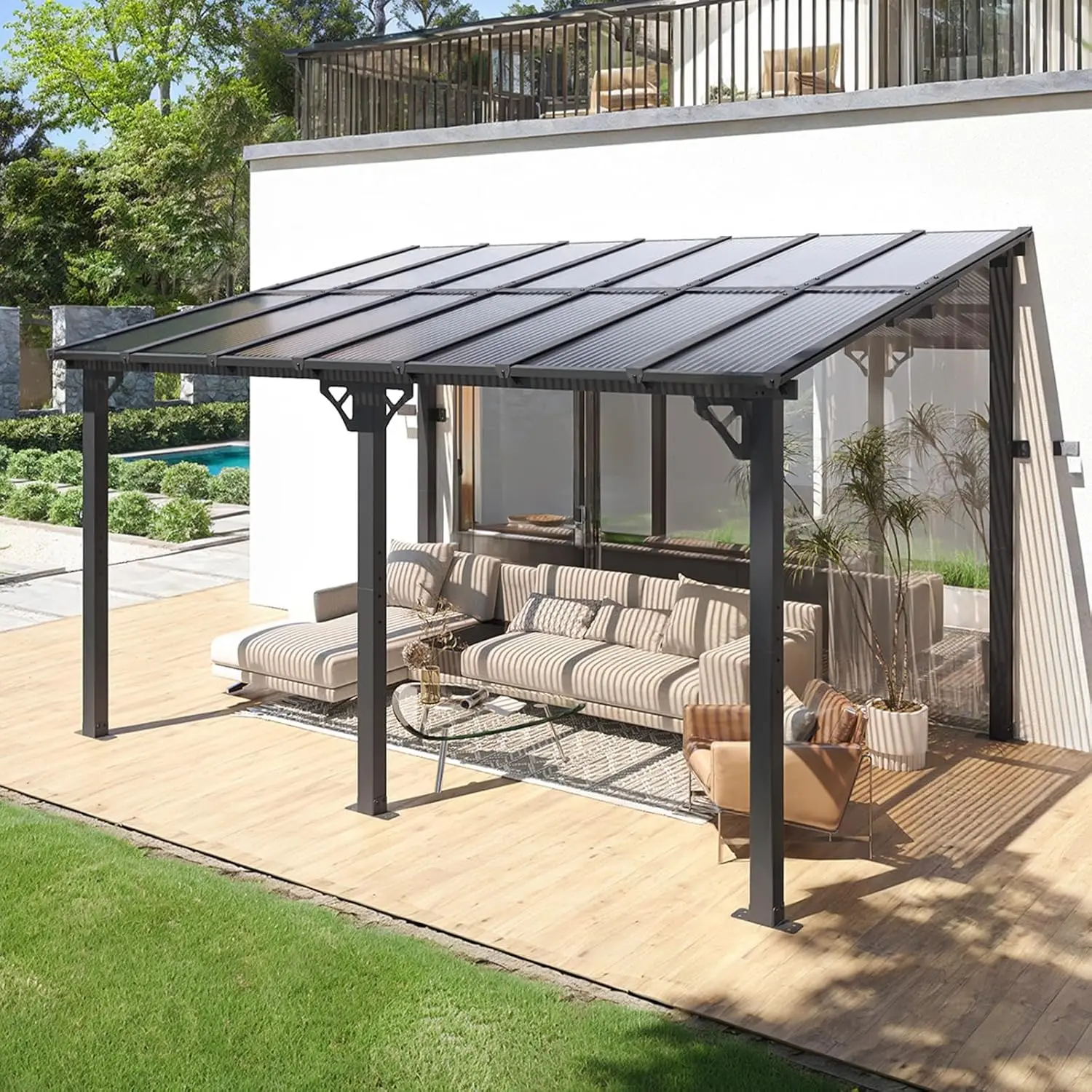 

Custom 10x14FT Lean to Gazebo, Hardtop Metal Pergola with Polycarbonate Roof, Heavy Duty Wall Mounted Patio Awning