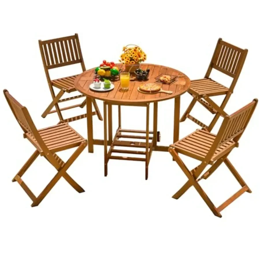 Outdoor patio folding table and chairs set for 4, acacia wood, natural brown, weather-resistant and space-saving design