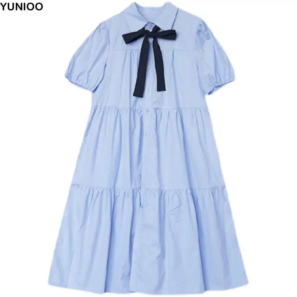 

Ins Bowknot Girl Princess Dress Loose Puff Short Sleeve Teenagers Shirt Dress Sweet Preppy Style Children Bubble Dresses Kids