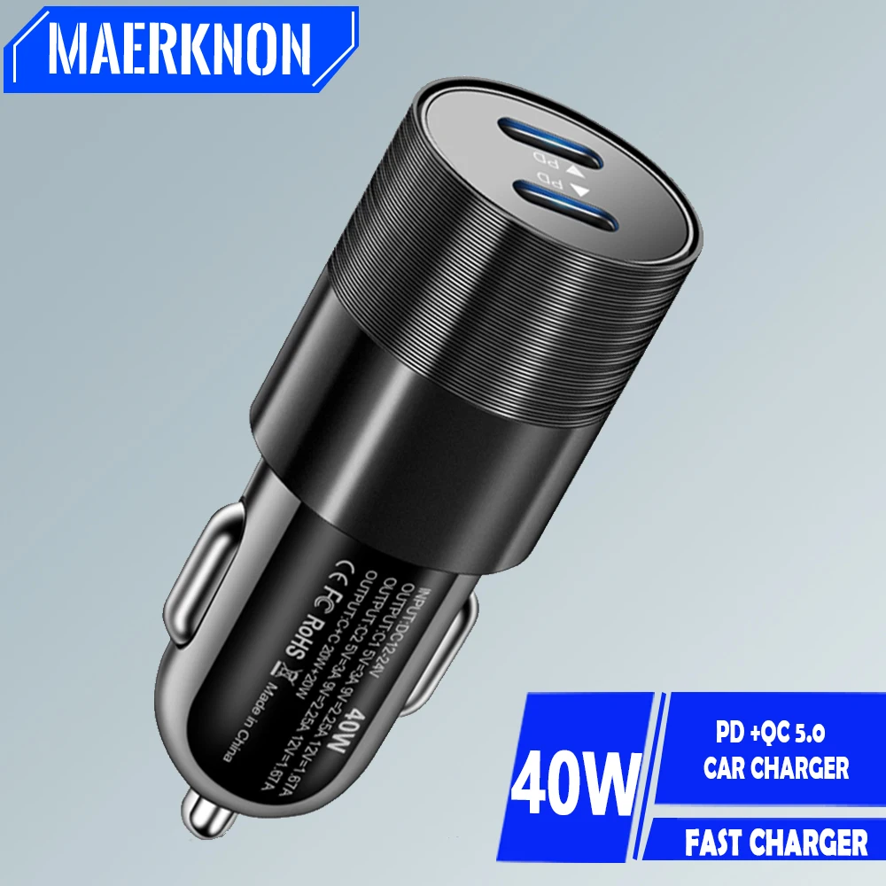 40W Dual PD Type C Car Charger Fast Charging USB C Portable Phone Charger For CellPhone in Car For iPhone 14 Quick Charger 5.0