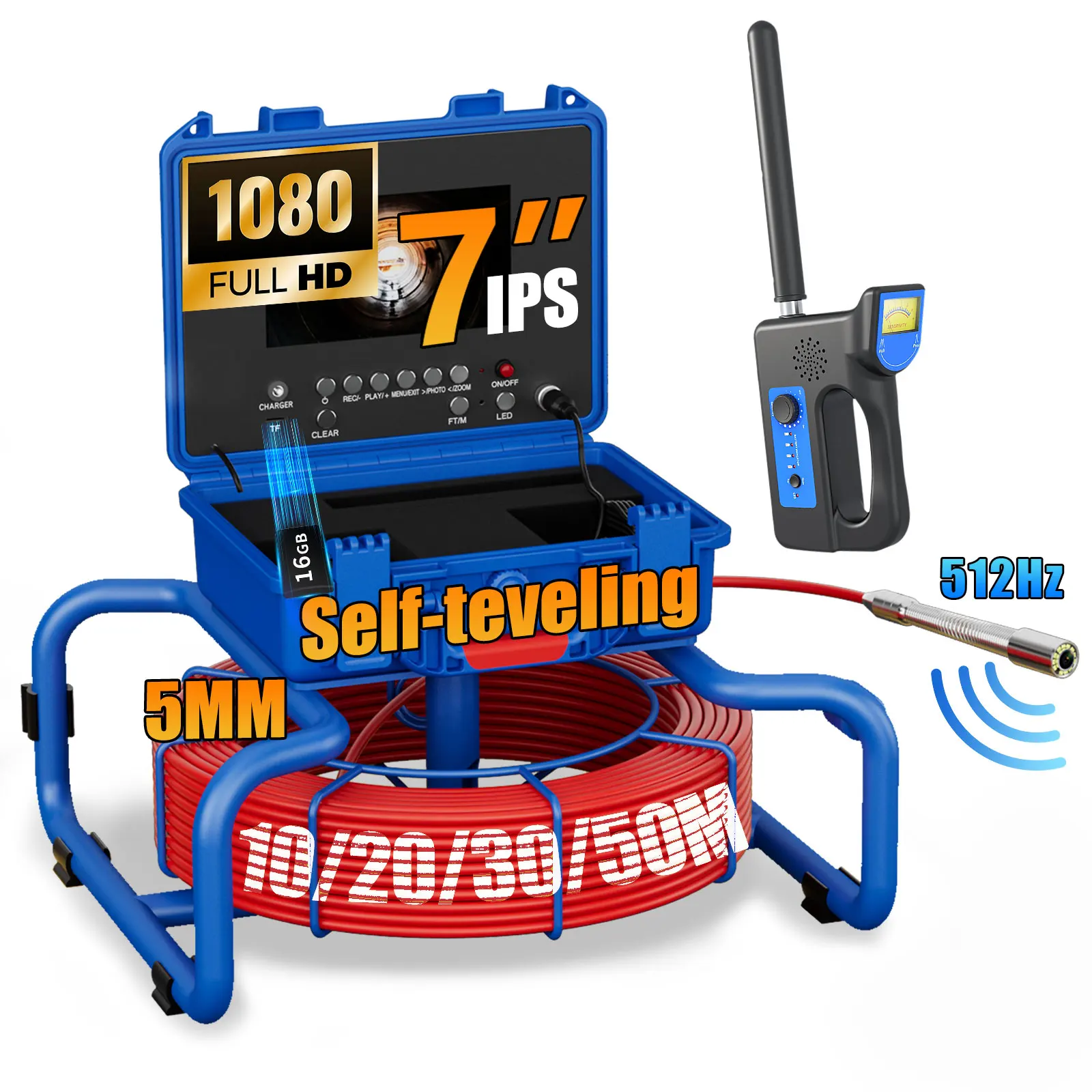 Sewer Inspection Camera-512Hz Self-Leveling Sewer Endoscope, HD IP68 Waterproof Sewer Camera with 12 LEDs 4500mAH Battery