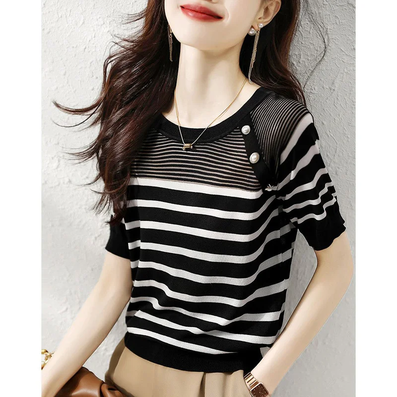 

Fashion O-Neck Knitted Spliced All-match Striped Blouse Female Clothing 2023 Summer New Casual Pullovers Tops Loose Korean Shirt