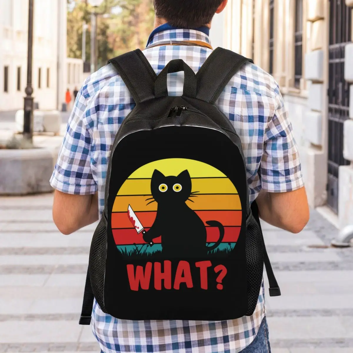 Black Cat What mochilas para niñas y niños, Gato asesino con cuchillo, bolsas de viaje para escuela universitaria de Halloween, bolsa de libros apta para computadora portátil de 15 pulgadas