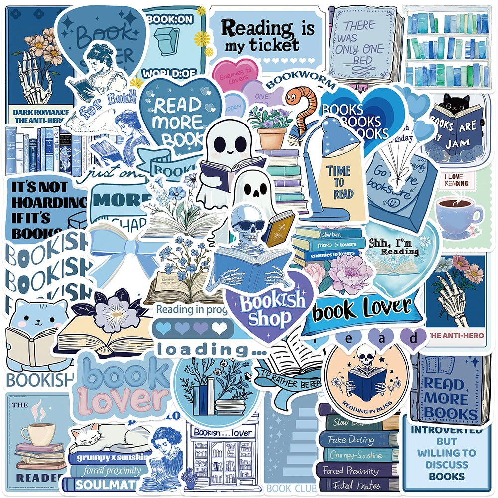 

50pcs Cute Cartoon Aesthetic Reading Book Stickers Blue Bookish Sticker For Luggage Laptop Guitar Phone Waterproof Vinyl Decals