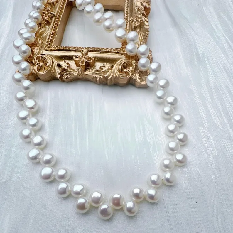 

Hengsheng 7-8mm Bread Round Freshwater Pearl Necklace for Women 37cm Length 5cm Adjustable Handmade Pearl Necklaces Jewelry Gift