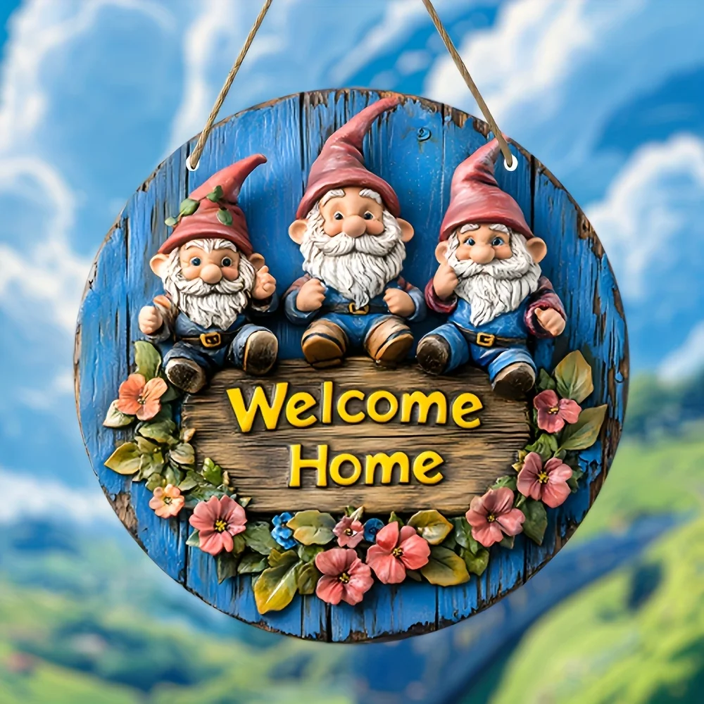 2D Flat, 1pc, Dwarf Country Style Wooden Welcome Sign, 8-Inch Round 2D Decorative Wood Plaque, Multifunctional English Welcome B