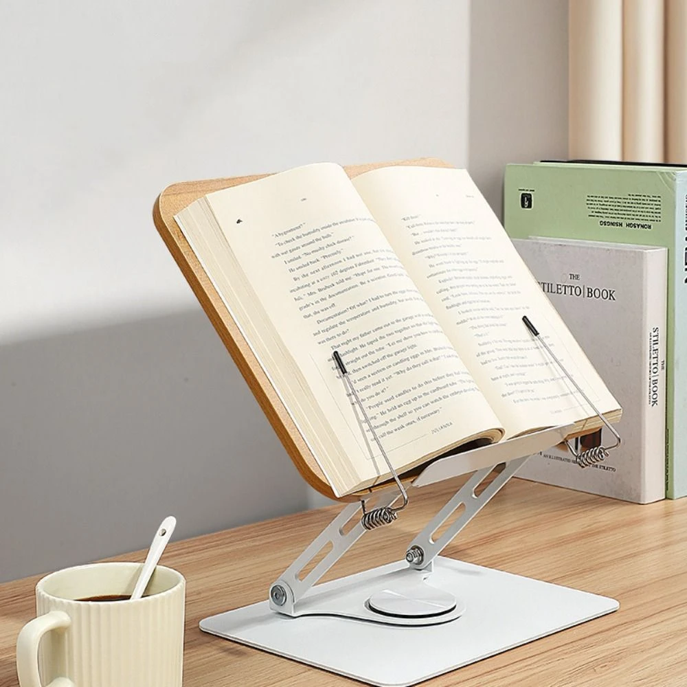 Solid Wood Reading Rack Foldable with Elastic Page Clips Book Stand 360° Rotating Base Adjustable Laptop Holder Desktop Riser