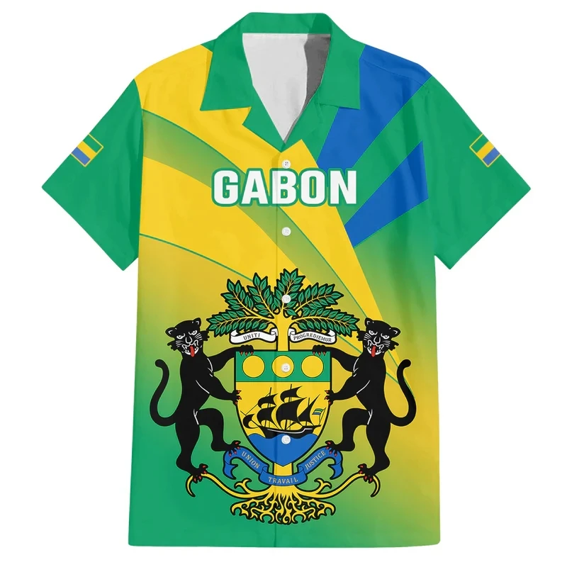Africa Gabon Map Flag 3D Print Shirts For Men Clothes National Emblem Beach Shirts Patriotic Coat Of Arms Blouses Male Tops
