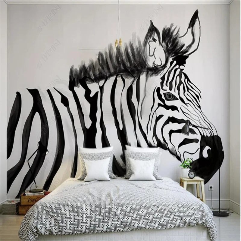 

Custom Mural Retro Hand Painted Black White Zebra Animal Home Decor 3D Photo Wall Paper Bedroom Decor Self Adhesive Wallpaper