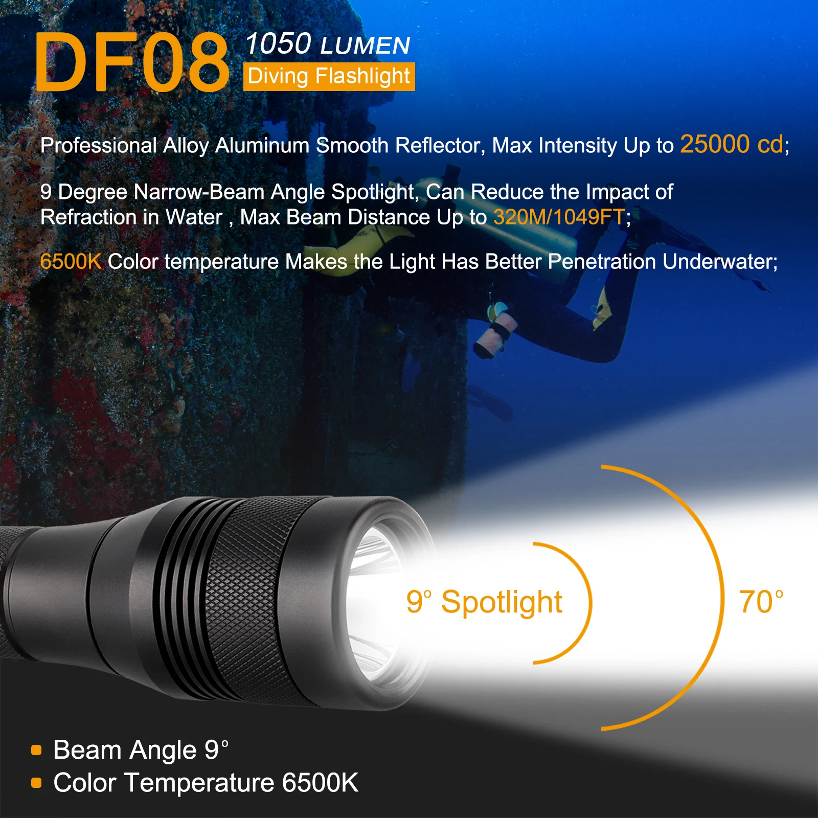 SecurityIng DF08 IPX8 Waterproof Scuba Diving Flashlight Max 1050 Lumens 150m Underwater Dive Torch with 9 Degree Beam Angle