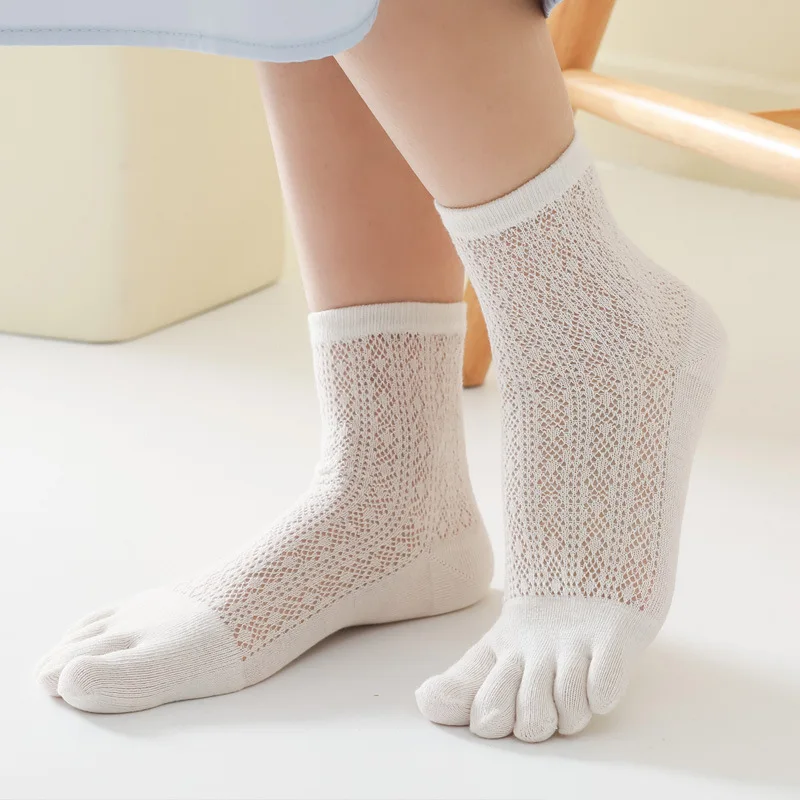 5 Pairs Summer Mesh Toe Socks Women's Thin Solid Color 5 Finger Crew Sock Sexy Black Pink Purple White Cotton Socks with Toes