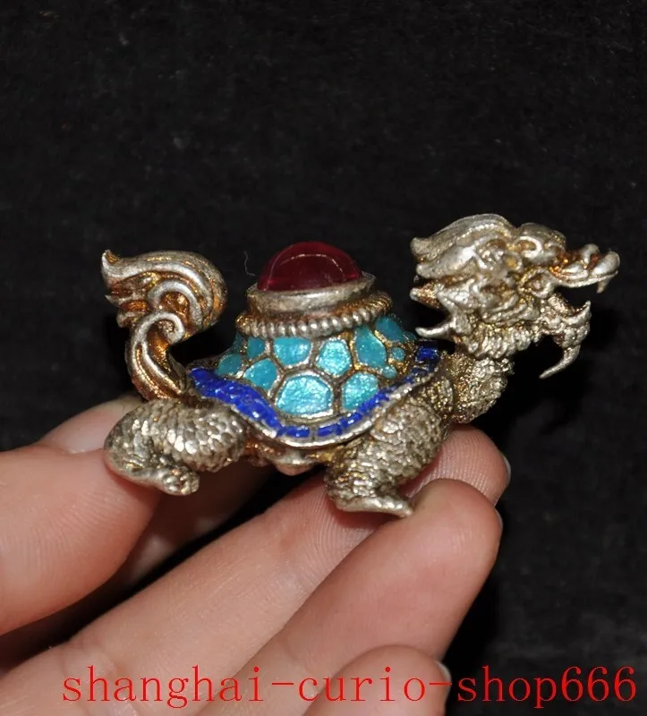 Древнее китайское тибетское серебро Цзиньтай с сапфиром Дракон Черепаха Статуя Дракона-черепахи - ранние натуральные материалы