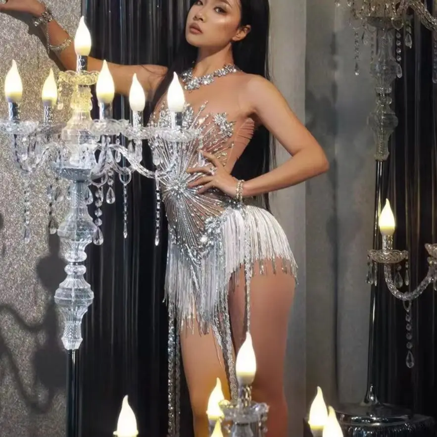

Женский сексуальный прозрачный боди с бриллиантами и длинными бахромами Shuihua, роскошный наряд для вечерних вечеринок, баров, ночных клубов, сценических выступлений и для певиц