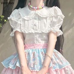 Japanese Sweet Lolita Blouses Women Cute Ruffles Peter Pan Collar Puff Sleeve JK Shirts Girls Vintage Kawaii Loose Inside Tops