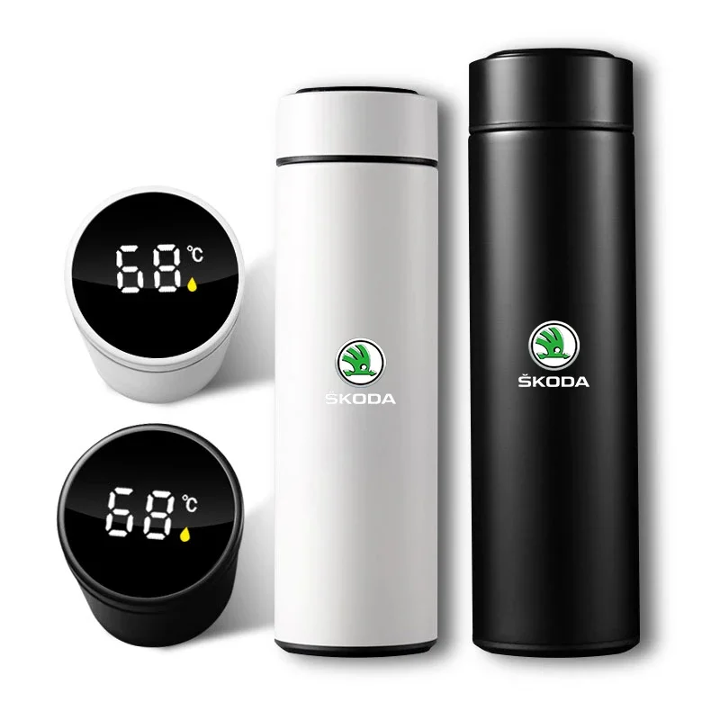 500ml Stainless Steel Car Emblem Intelligent Temperature Cup Coffee Cup for Skoda Octavia A5 A7 Fabia 1 Superb Kamiq Rapid Yeti
