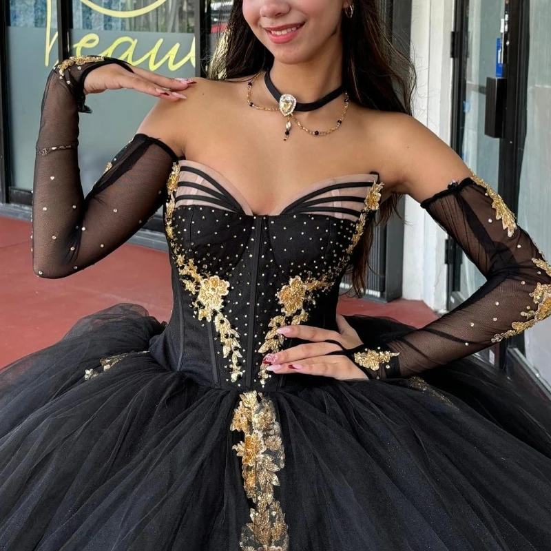 Black Quinceanera Dresses Ball Gown Off The Shoulder Applique Lace Beads Tull Party Birthday Sweet 16 Dress Vestidos De 15 Anos