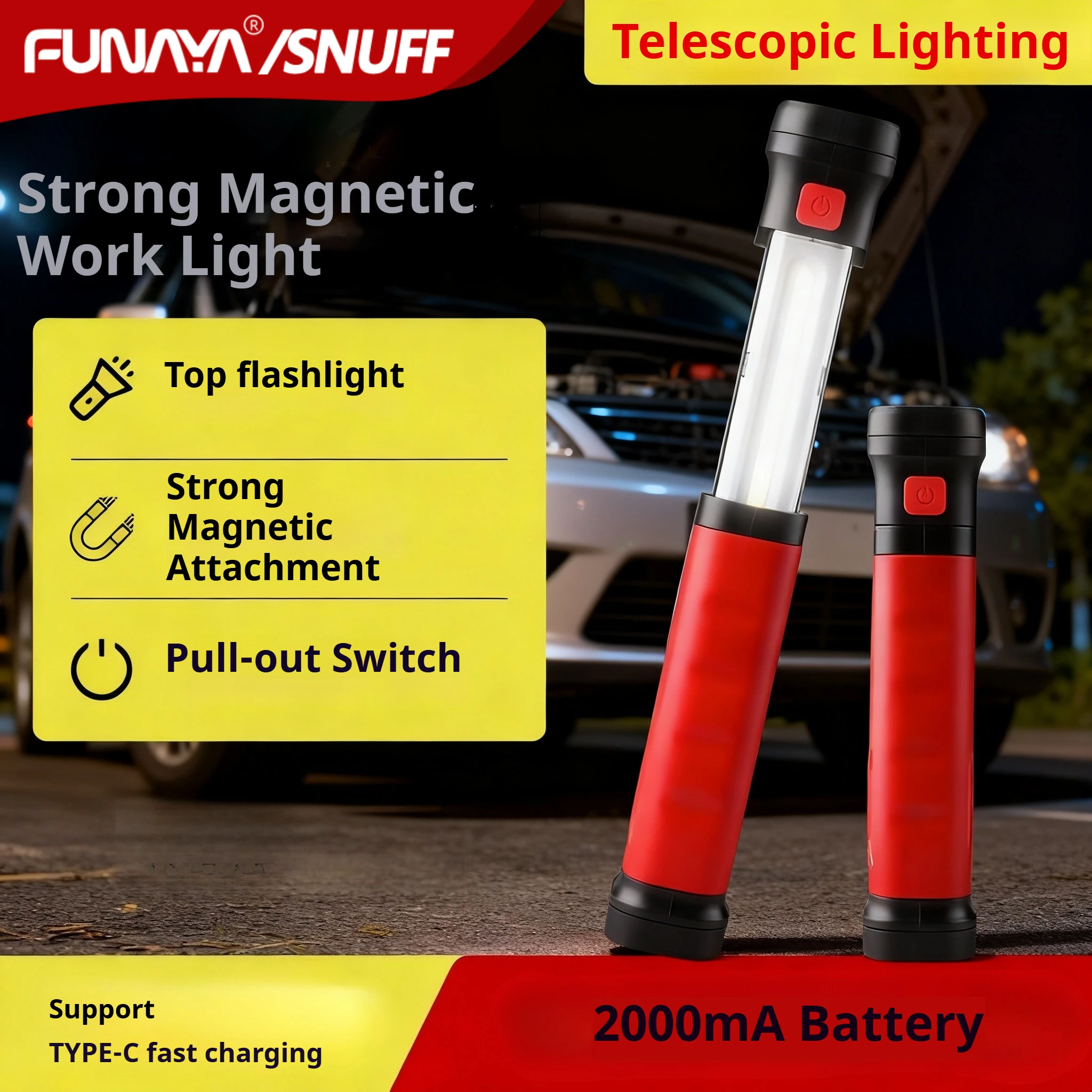 Lampu Kerja Perbaikan Mobil Teleskopik Portabel Super Terang Isi Ulang Li-ion dengan Magnet Kuat untuk Perawatan Kendaraan