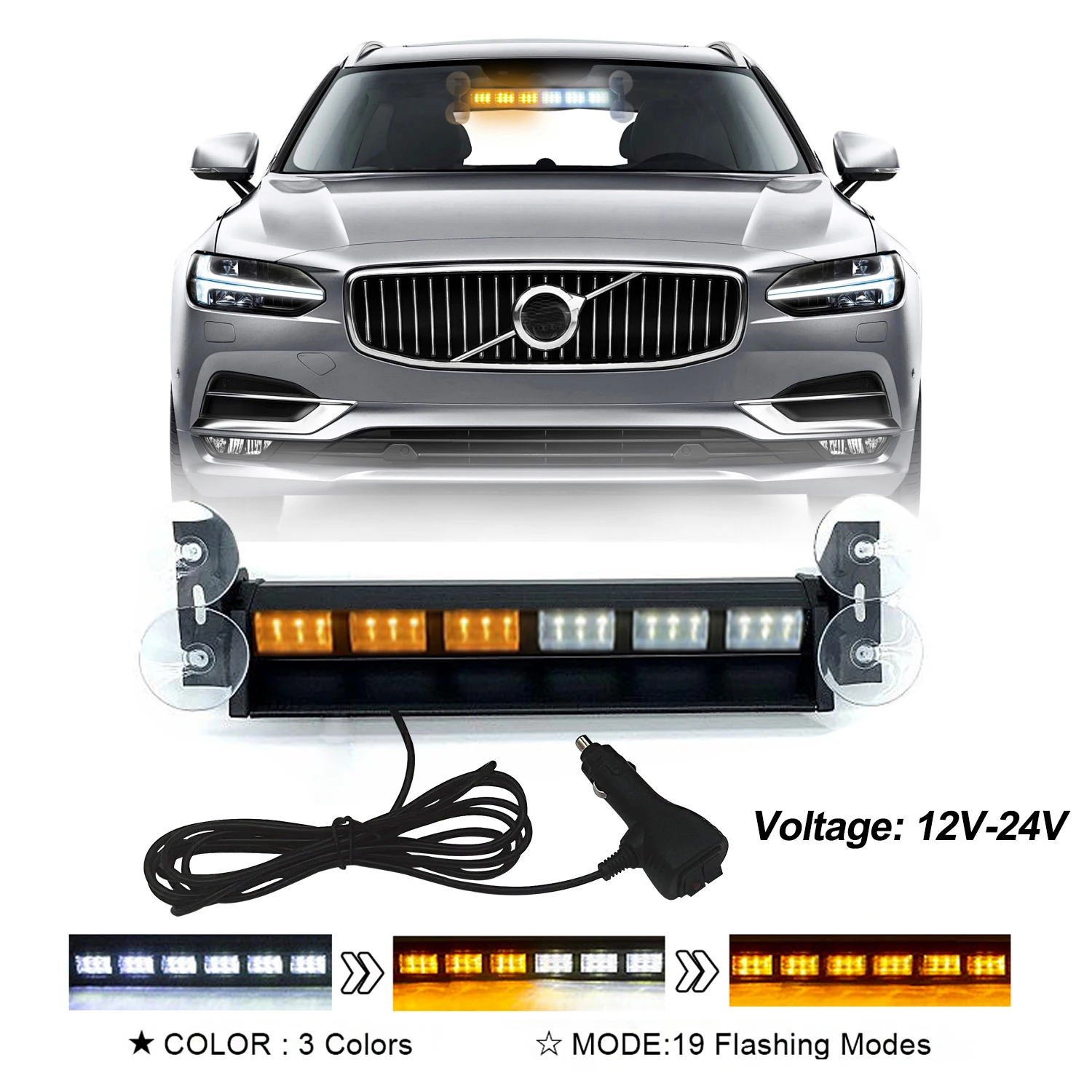 11.6 Inch Emergency Light Bars 36 LED Flashing Interior Windshield Light Bar With Vacuum Suction Cups Dash LED Light For Car