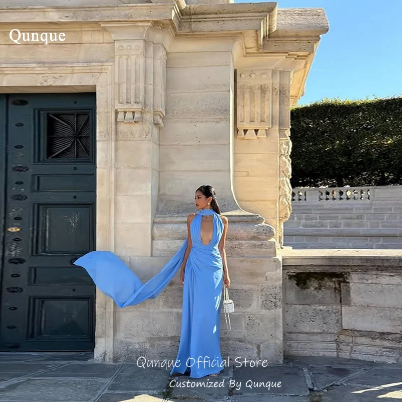 

Qunque Deep Plunging V Neck Chiffon Evening Dress High Side Slit Celebrity Dress Dreamy Sleeveless Robes De Soirée Customized