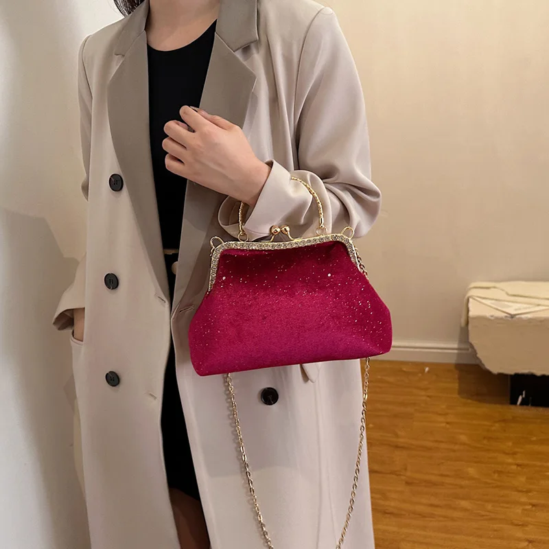 2024 Retro Women Velvet Chain Shoulder Bag Vintage Metal Hand Shell Bags Crossbody Bags Fashion Tote Purple Handbags And Purse