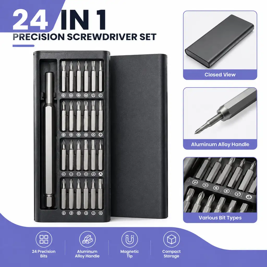 Precision Screwdriver Set with 24 Magnetic Bits Aluminum Alloy Handle for Phone Laptop Watch Glasses and Home Repair