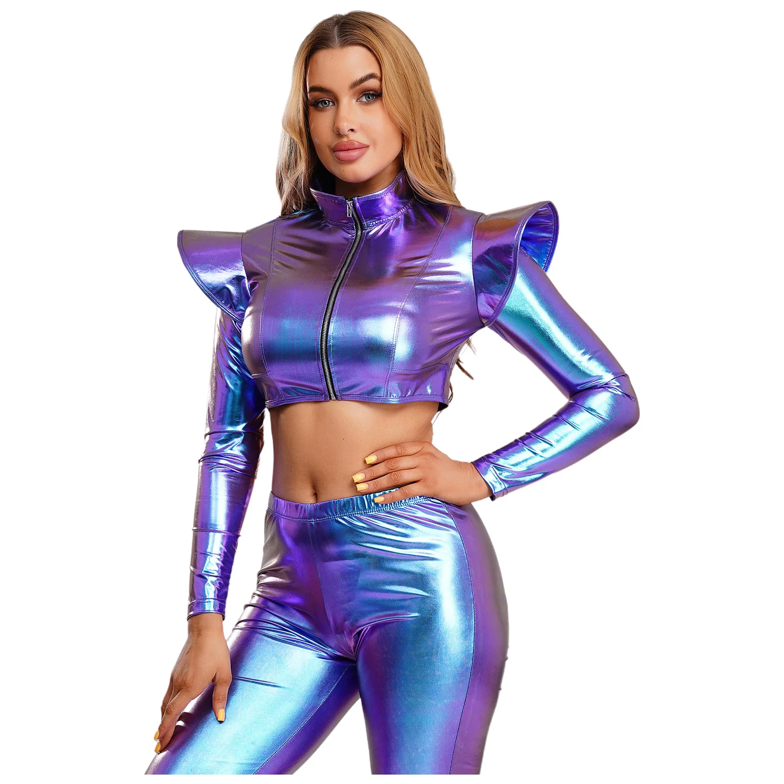 Women Fashion Fly Shoulder Micro Jackets Coats Front Zipper Shiny Crop Top Outerwear for Halloween Alien Astronaut Robot Cosplay