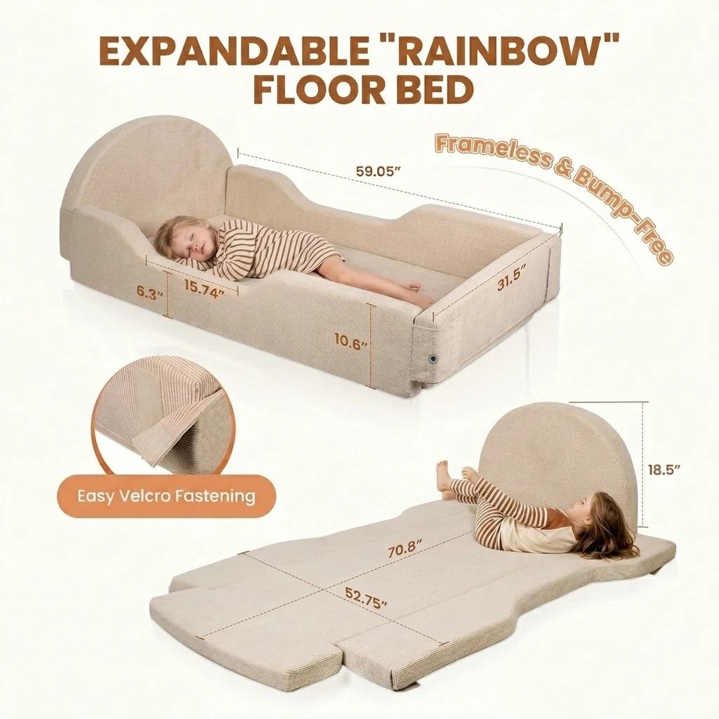 Soft Foam Connection Fold-Down Rails Frame Toddler Floor Bed with Mattress Included No Wood Frame for Boys and Girls