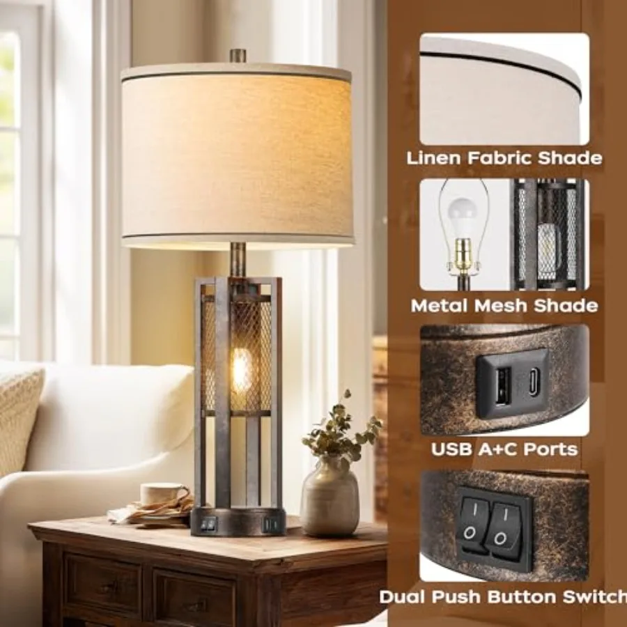 Lámpara de mesa industrial de granja de 28 pulgadas, juego de 2 lámparas de mesita de noche rústicas con puertos USB A + C duales, malla metálica bronce nocturna
