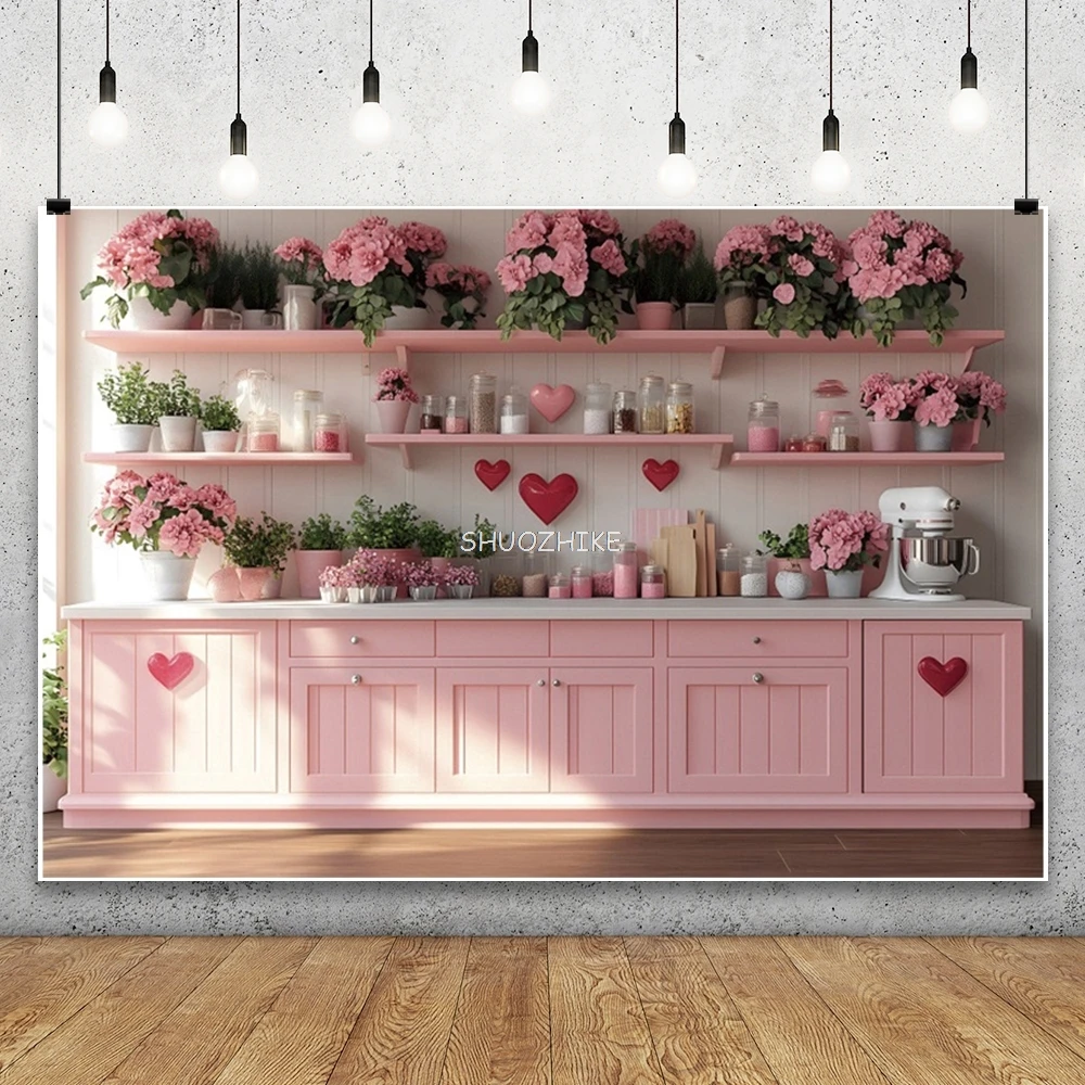 عيد الحب المطبخ خلفية الوردي خزانة الورد الزهور النساء عيد ميلاد الزفاف حفلة خطوبة ديكور التصوير الخلفية