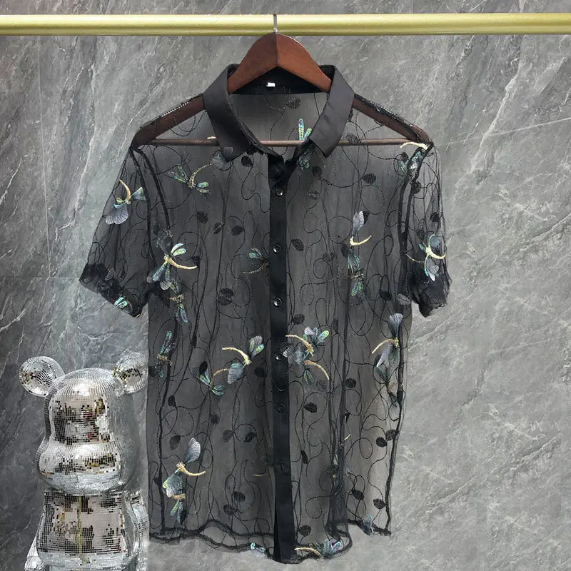 

2023Three-dimensional Dragonfly Embroidery Shirt Trendy Transparent Sexy Shirt Men Short Sleeve Clothing See Through Social Club