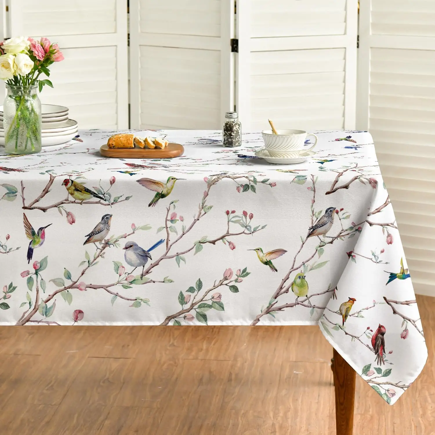 

Spring Summer Tablecloth 52x70 Inch Rectangular, Birds Branch Floral Table Cover for Party Picnic Dinner Decor