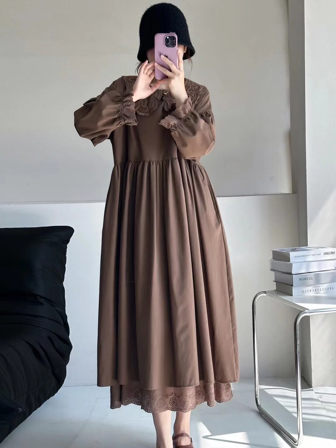 Vestido Longo de Aodão Casual com Gola de Boneca e Barra Dupla Camada, Estilo Retrô Artístico, Coleção Outono/Inverno Sweet...