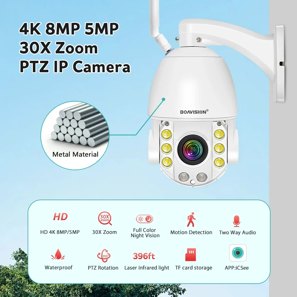 BOAVISION 4K 8MP 5MP Metal fuerte WIFI POE 4G cámara de seguridad 30X ZOOM 120M IR Audio PTZ cámara de vigilancia con detección de movimiento
