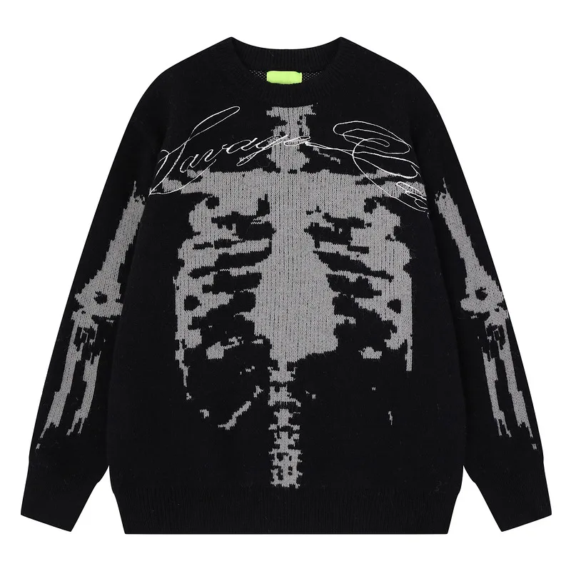 Men's Fashion High Streetwear Skeleton Sweater With Skull Pattern Knitted Jumpers For Male Vintage Pullover Tops Knitwear